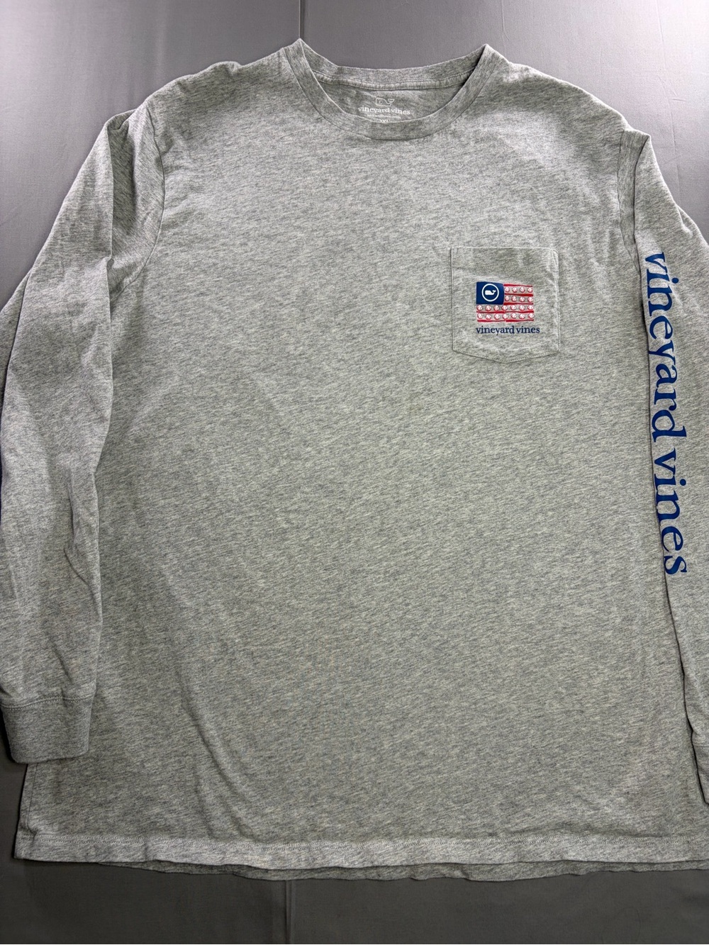 Vineyard Vines Gray Long-Sleeve Pocket Tee with Blue Sleeve Logo